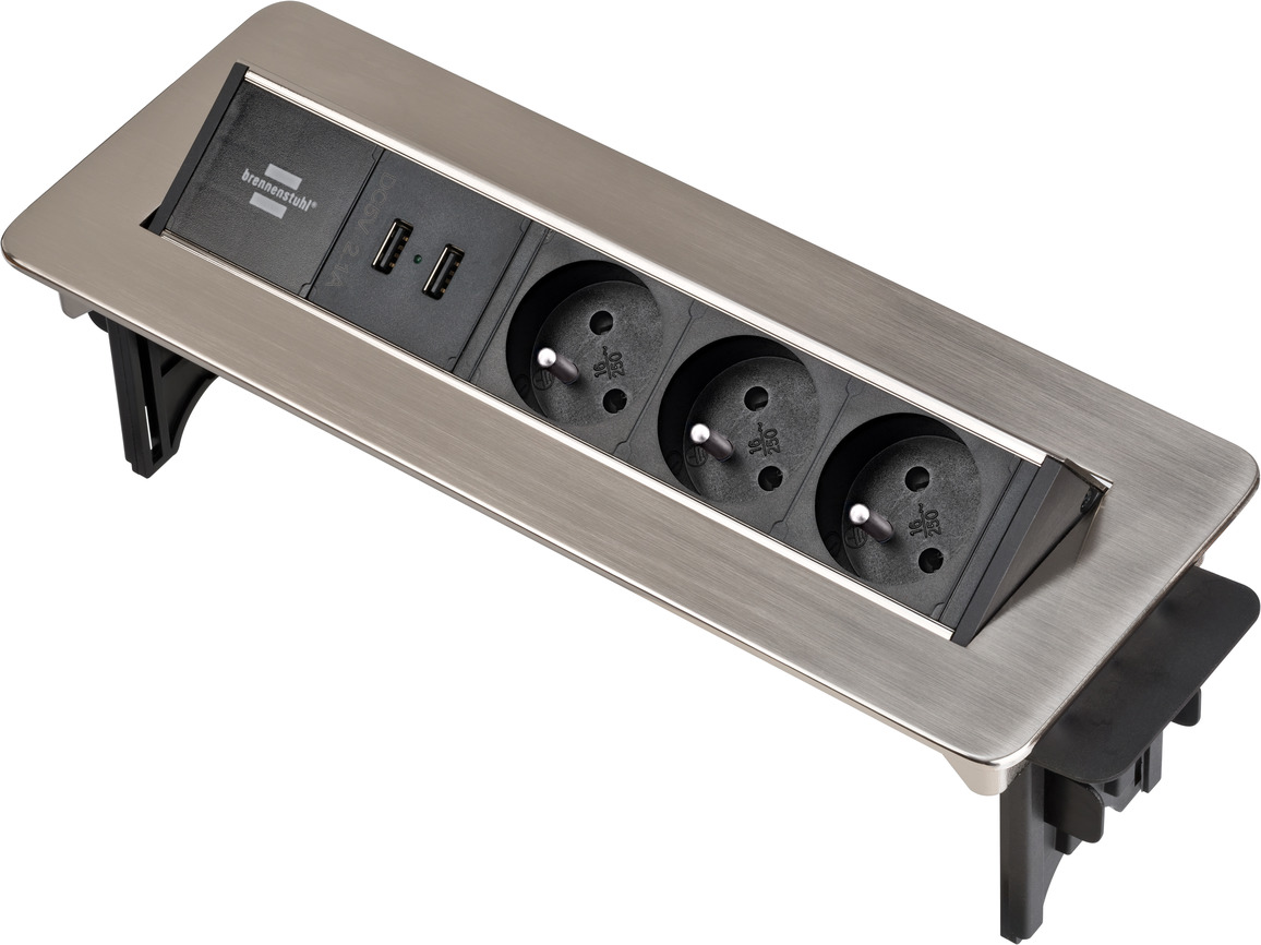 Multiprise Indesk Power en aluminium, 3 prises de courant et 2 ports USB, 2m  H05VV-F 3G1,5